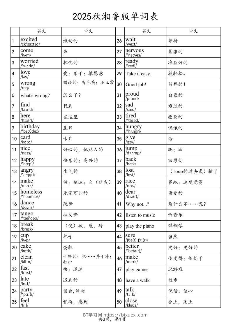 2025秋四上英语湘鲁版单词表-BT学习网