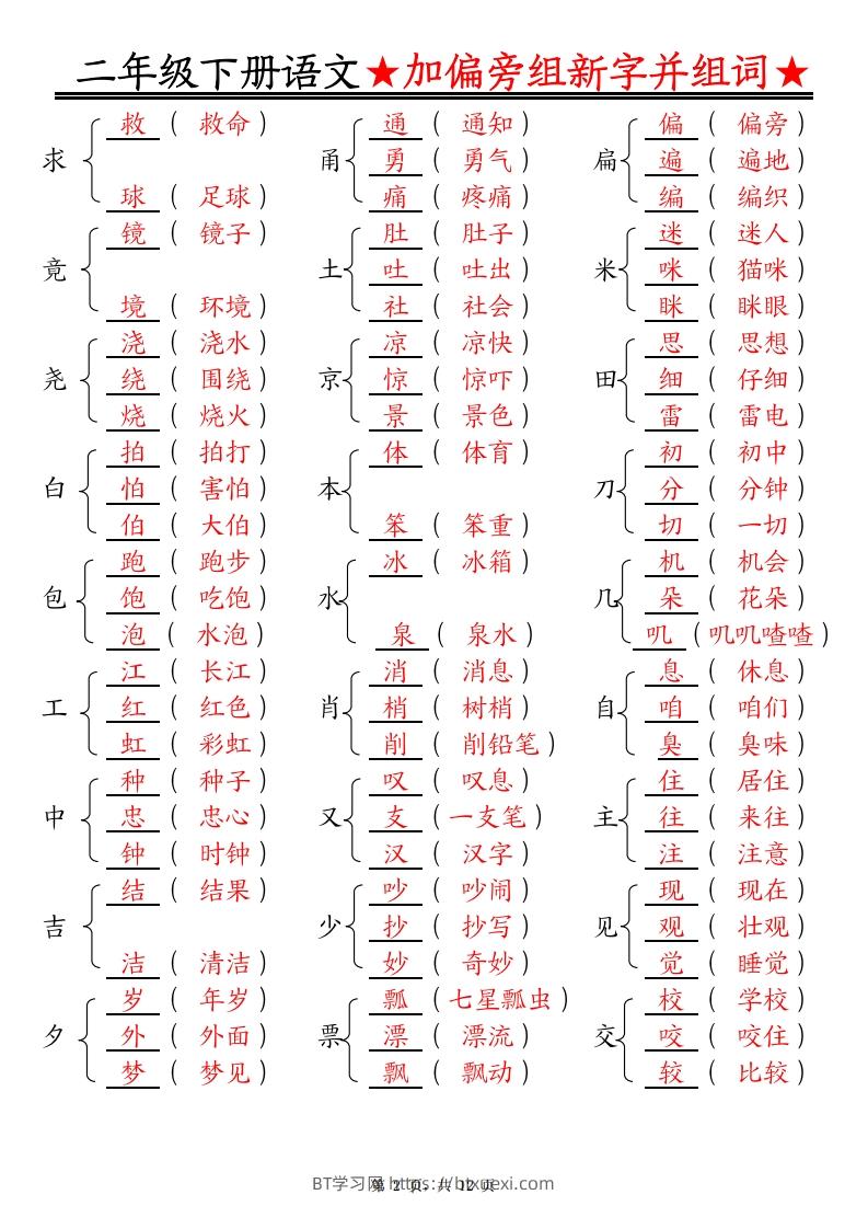 图片[2]-二下语文【加偏旁部首组新字并组词】专项练习（含答案12页）-BT学习网