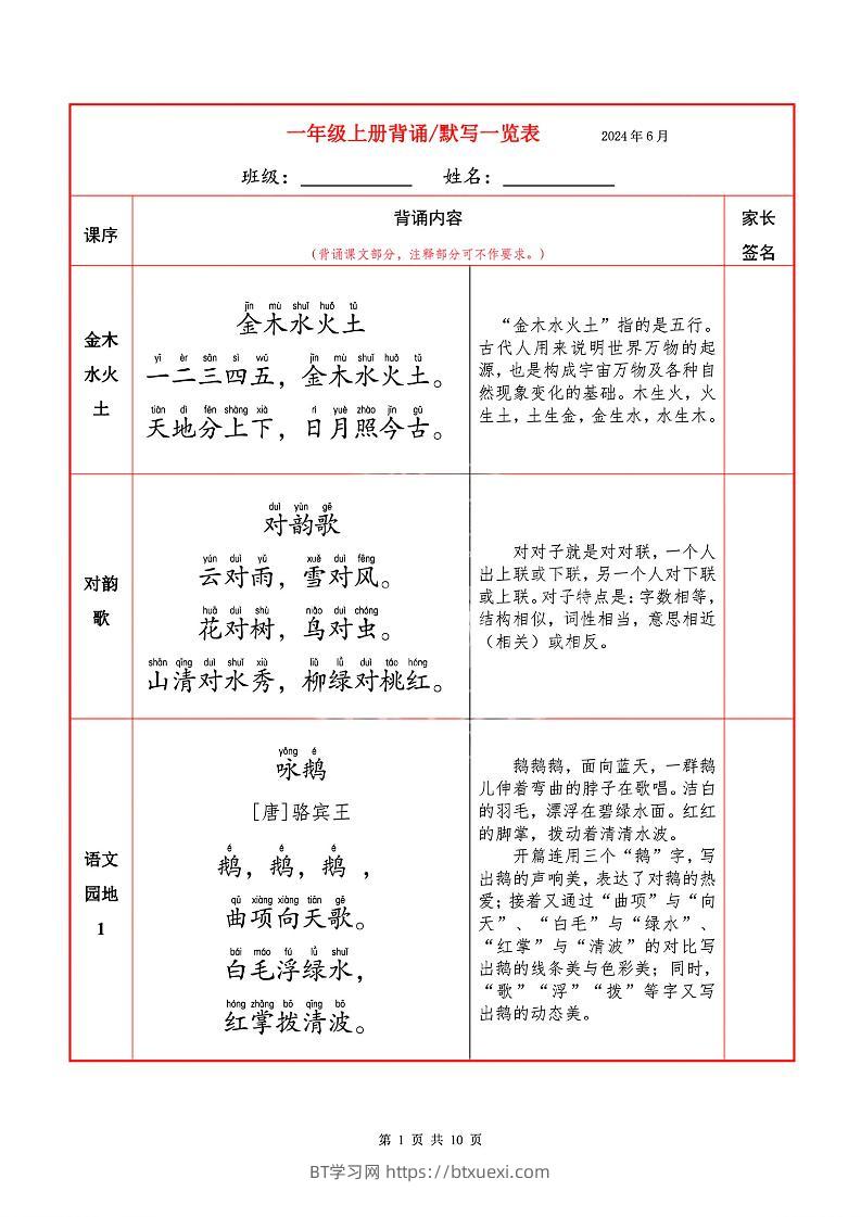 一上语文必背内容+默写表-BT学习网