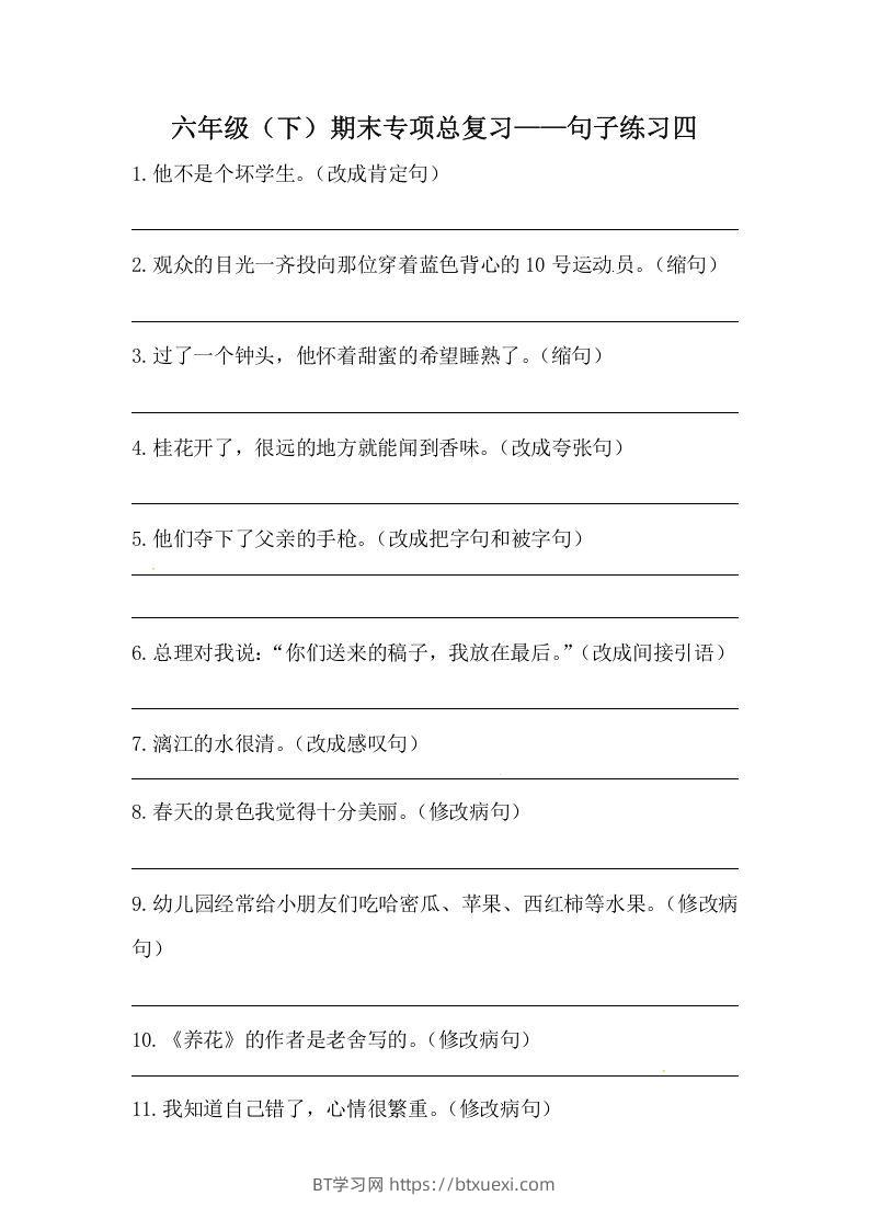 六年级语文下册期末句子专项训练（四）（含答案）（部编版）-BT学习网
