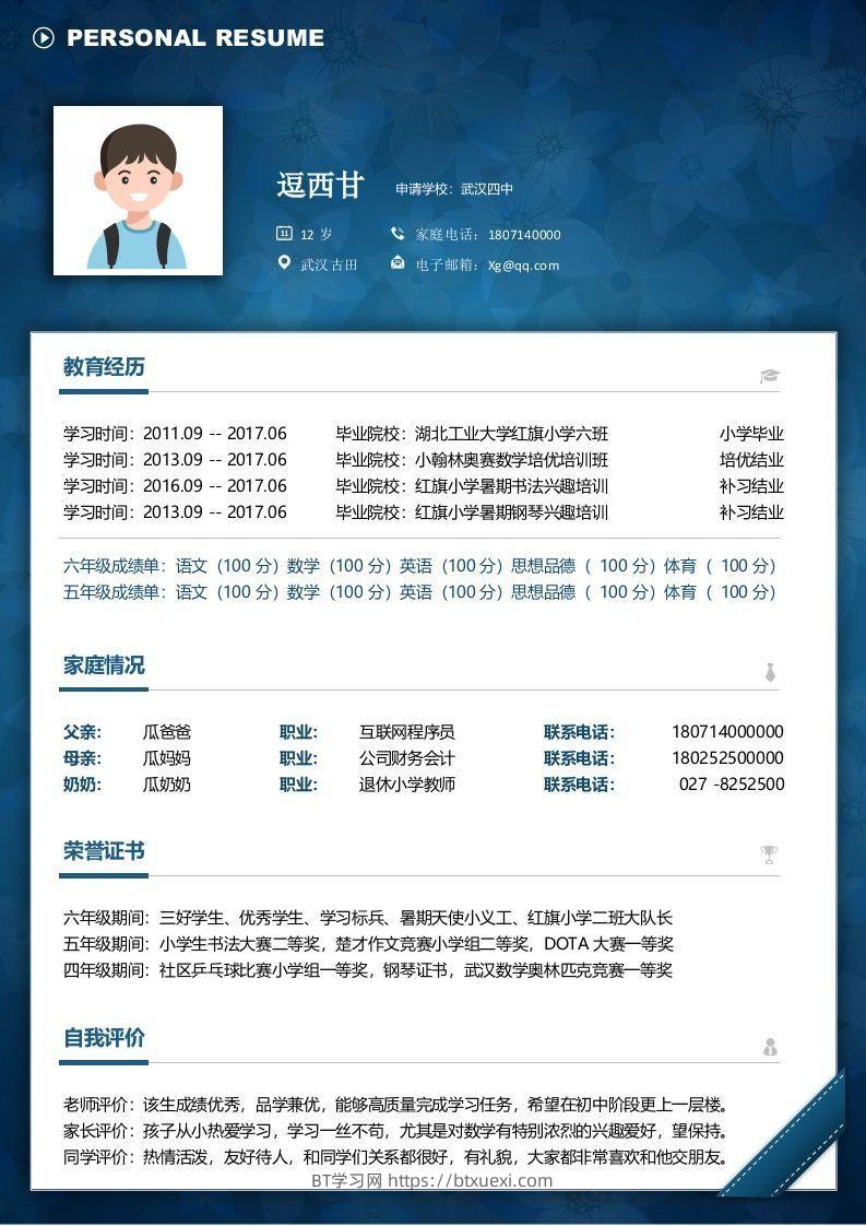 单页-小升初简历08-BT学习网