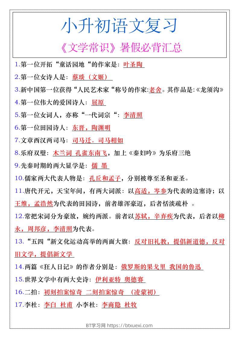 小升初语文复习《文学常识》暑假必背汇总-小升初语文-BT学习网