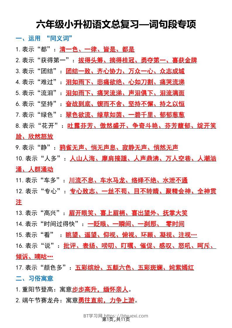 六下小升初语文词句段专项总复习-BT学习网