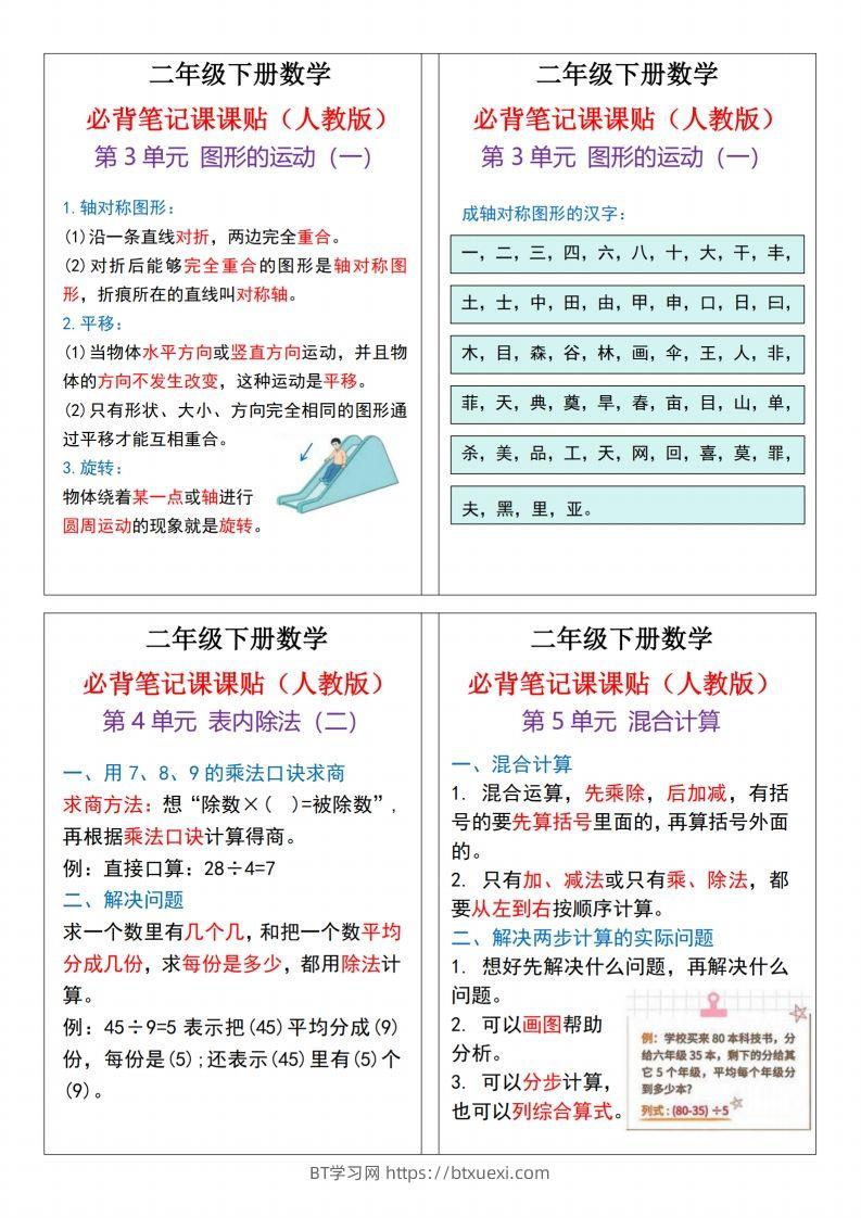 图片[2]-二下数学必背笔记课课贴13条（人教版）4页-BT学习网