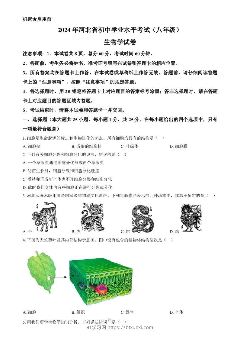 2024年河北省八年级中考生物真题（空白卷）-BT学习网