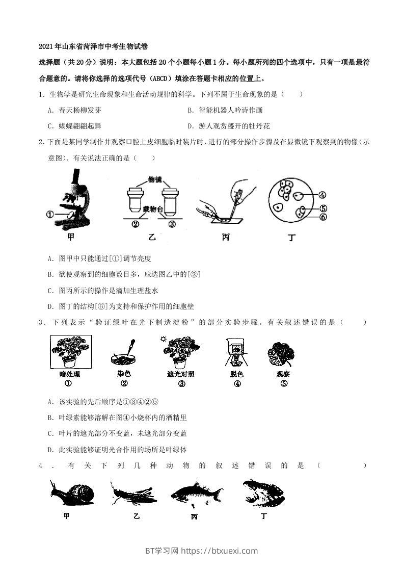 2021年山东省菏泽市中考生物真题（word，含答案）-BT学习网