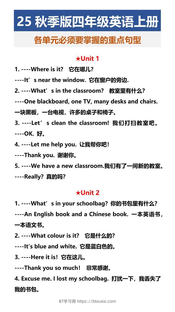 【2025秋新版】四年级英语上册各单元必须要掌握的重点句型-BT学习网