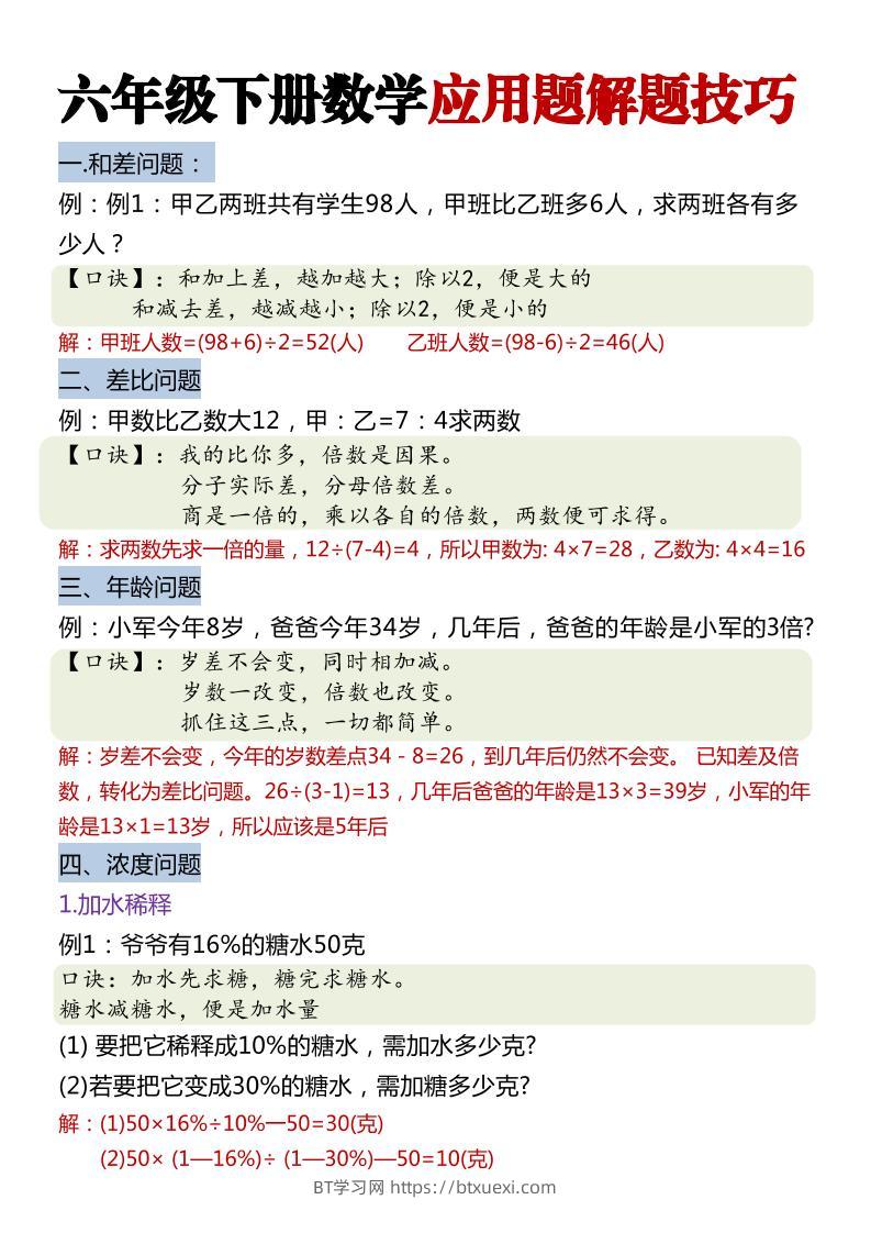 六年级下数学经典应用题解题技巧-BT学习网