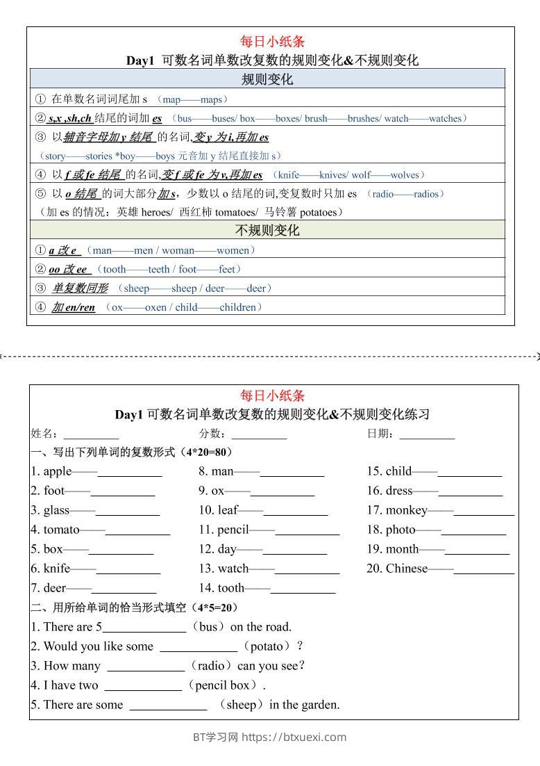 三上人教PEP版英语【语法每日小纸条】-BT学习网