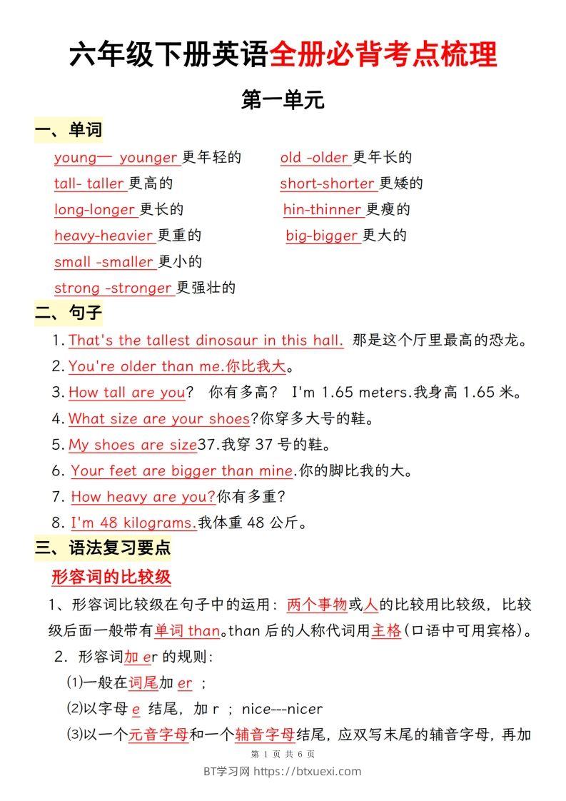 六年级下册英语全册必背考点梳理【人教pep】-BT学习网