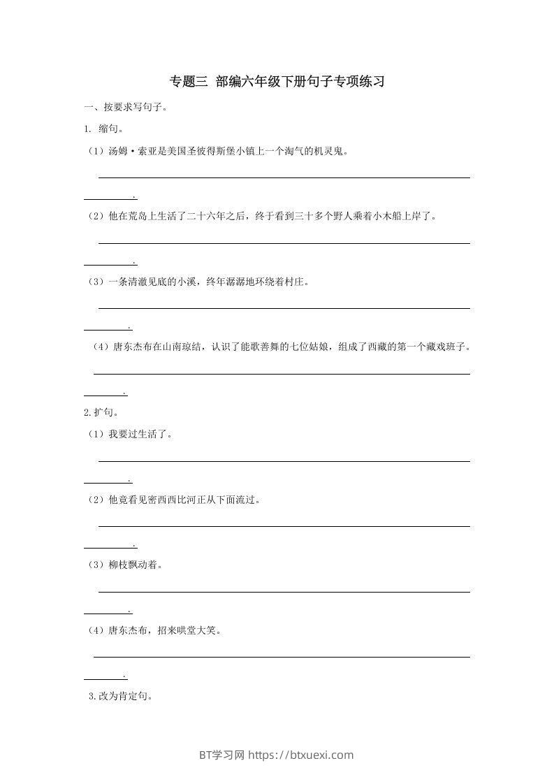 六年级语文下册句子专项（部编版）-BT学习网
