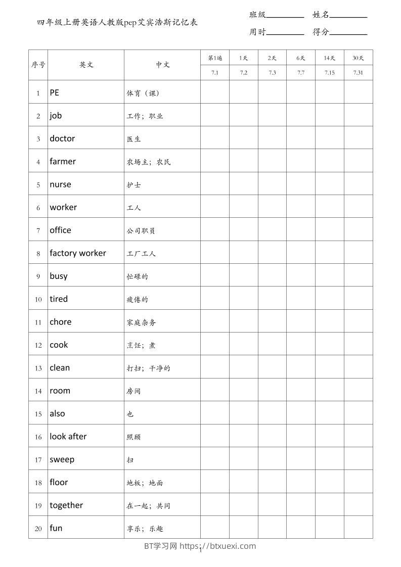 四年级上册英语人教版pep艾宾浩斯记忆表-BT学习网