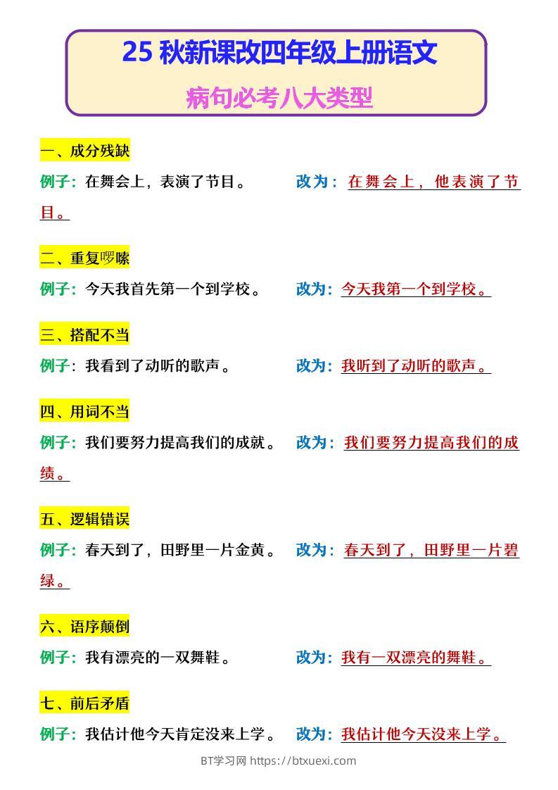 【2025秋新版】四年级上册语文病句必考八大类型-BT学习网