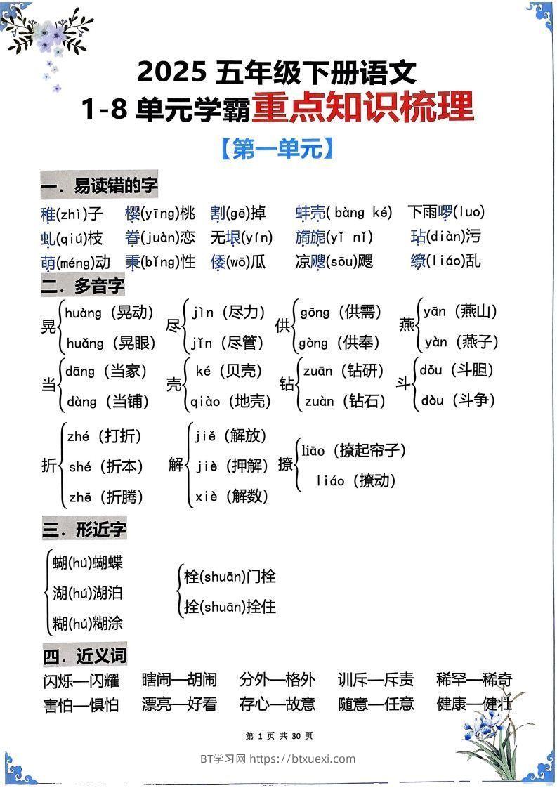 【知识点】五下语文1-8单元学霸重点知识梳理30页-BT学习网