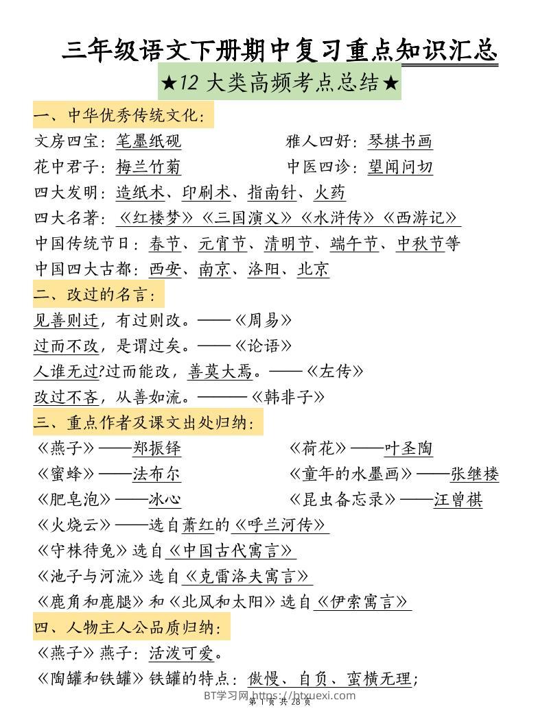 三下语文期中复习重点知识汇总-12大高频考点-BT学习网