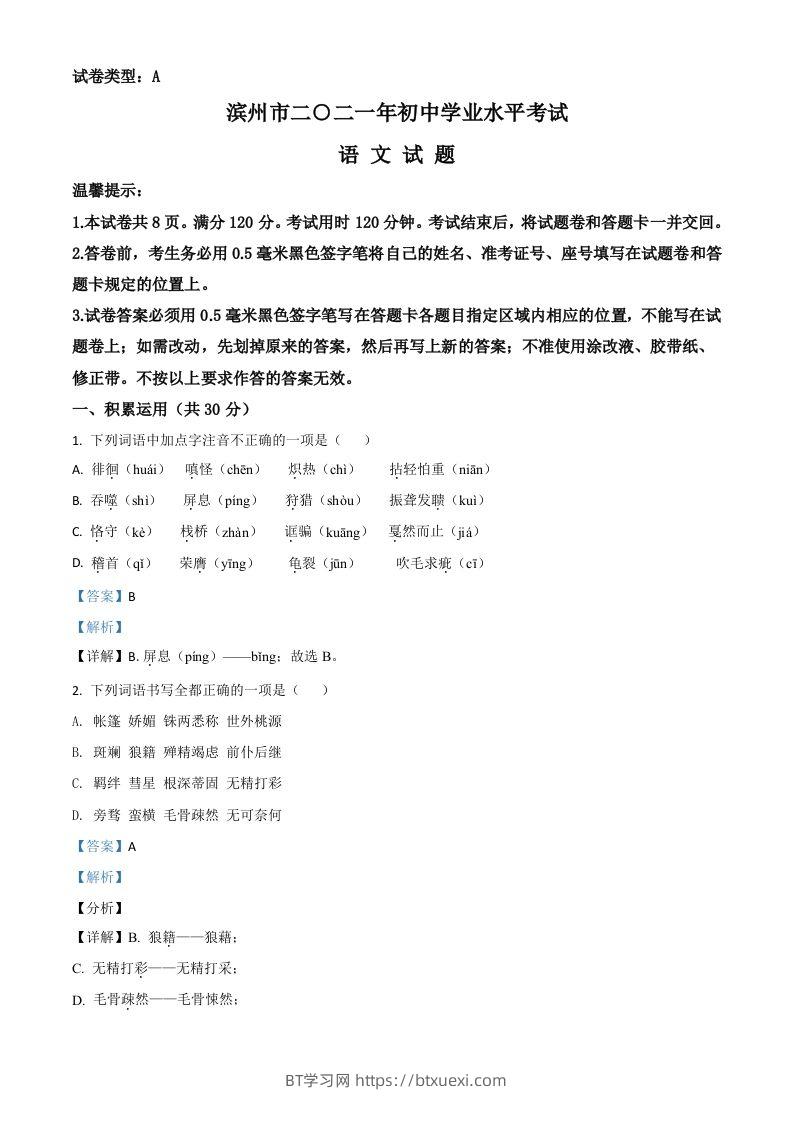 山东省滨州市2021年中考语文试题（含答案）-BT学习网