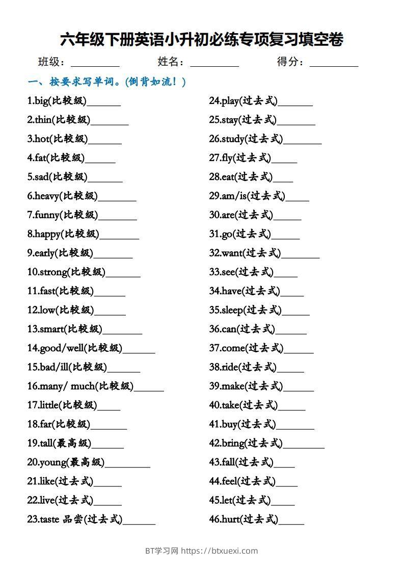 小升初必练专项复习填空卷六下英语(1)-BT学习网