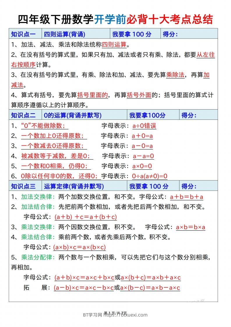 四下数学必背十大考点总结7页-BT学习网