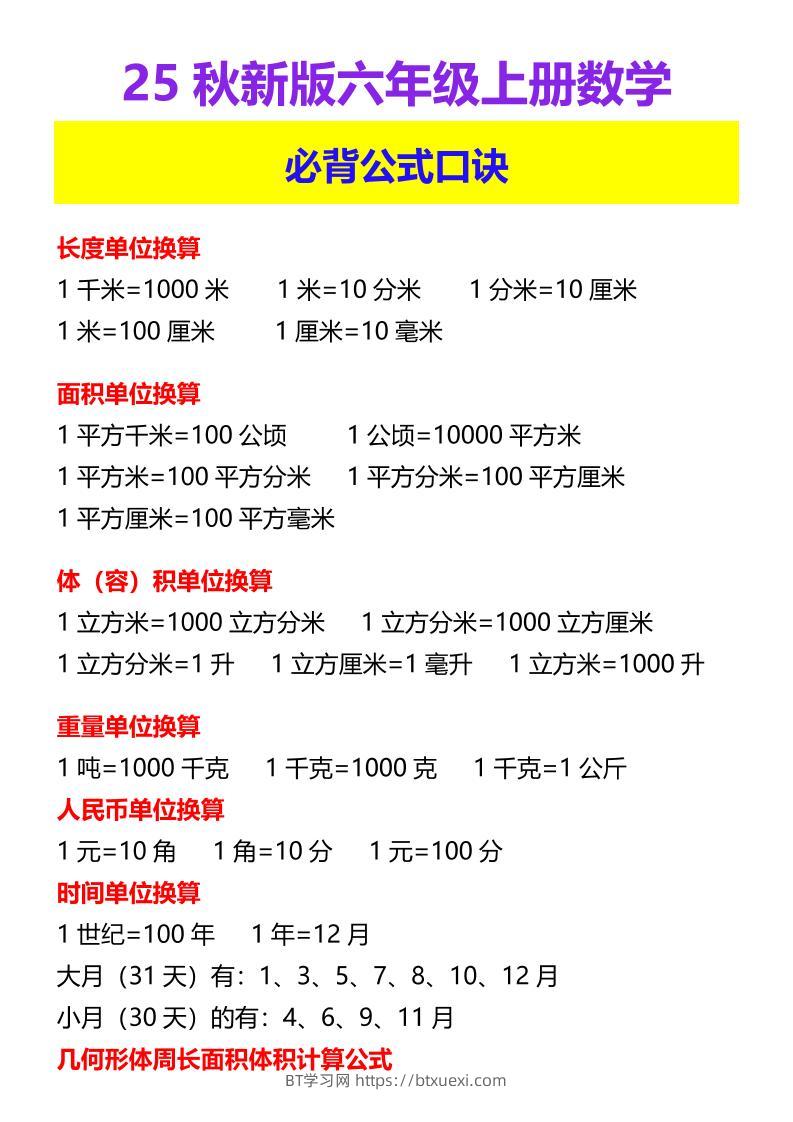 【2025秋新版】六年级上册数学必背公式口诀-BT学习网