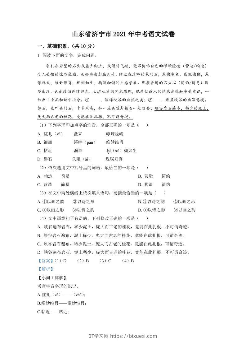 山东省济宁市2021年中考语文试题（含答案）-BT学习网
