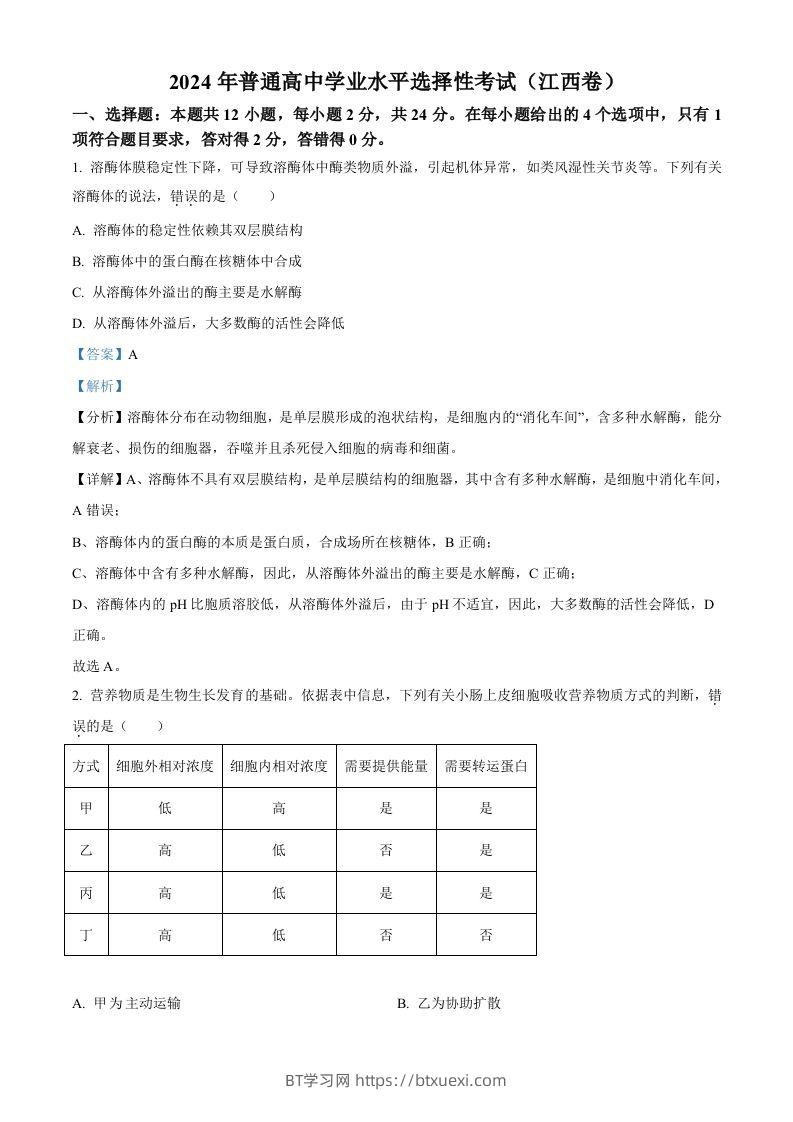 2024年高考生物试卷（江西）（含答案）-BT学习网