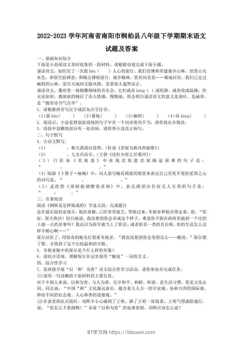 2022-2023学年河南省南阳市桐柏县八年级下学期期末语文试题及答案(Word版)-BT学习网