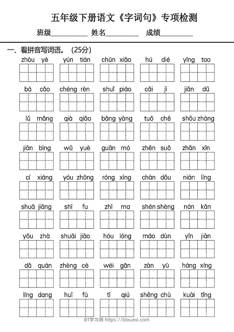 五年级下册语文《字词句》专项检测卷-BT学习网