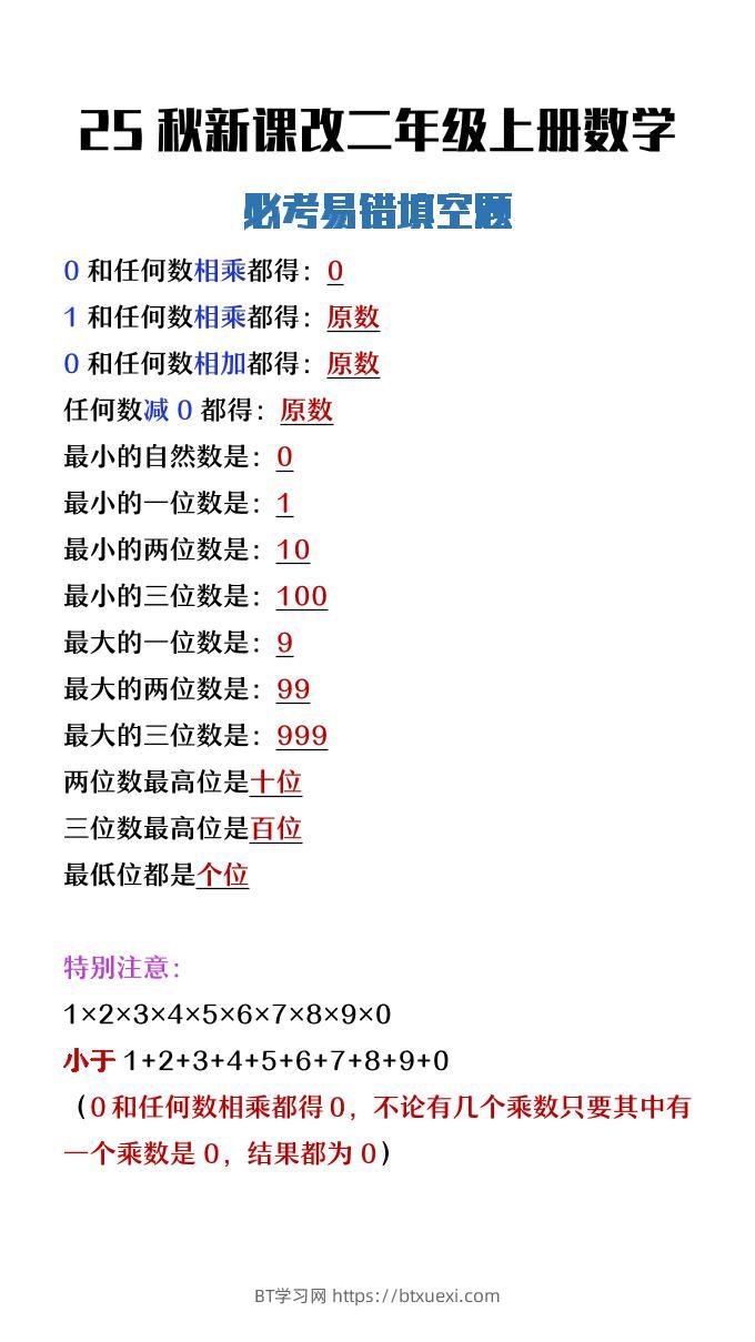 【2025秋新版】二年级上册数学必考易错填空题-BT学习网