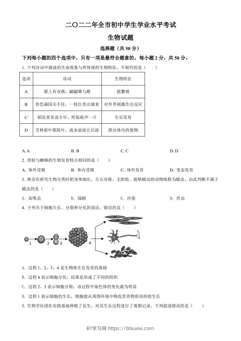 2022年山东省聊城市中考生物真题（空白卷）-BT学习网