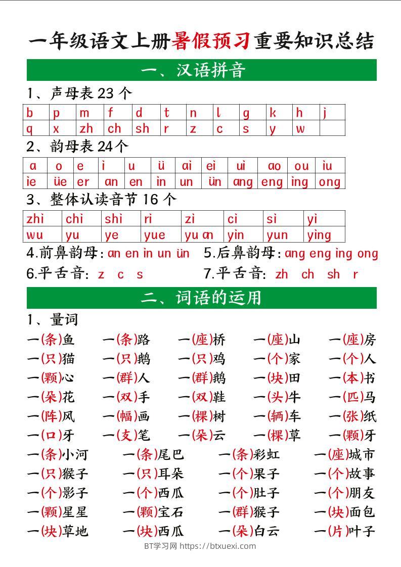 一上语文【暑假预习重要知识总结】-BT学习网