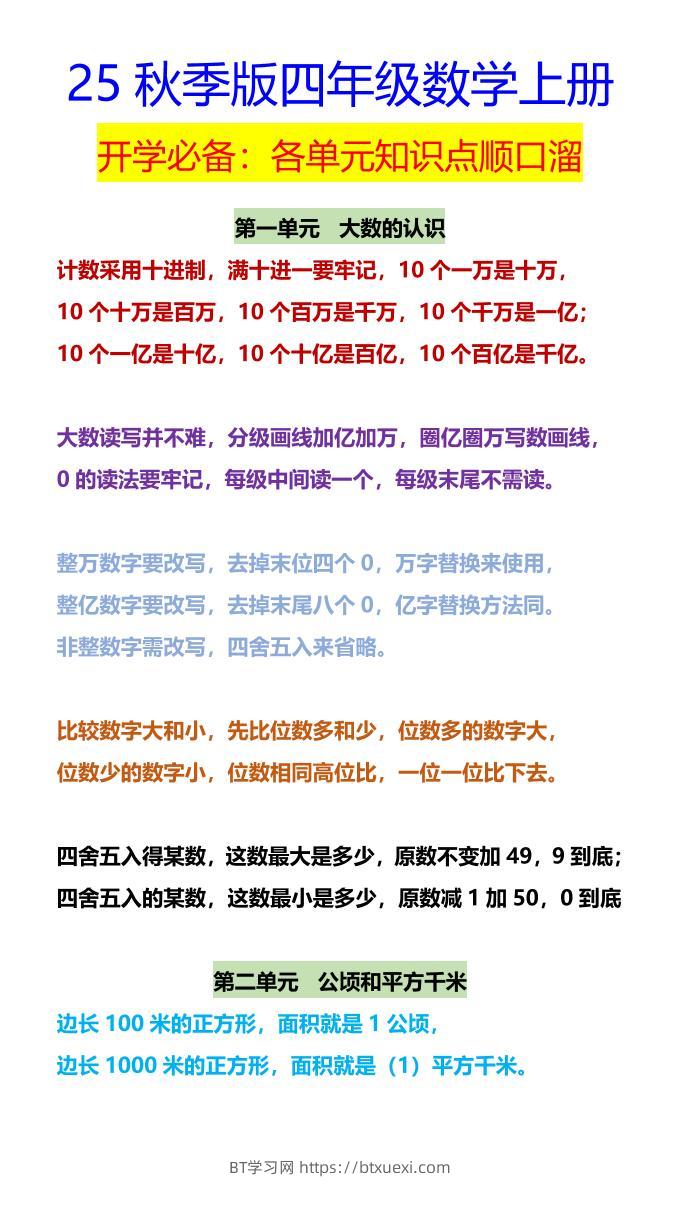 【2025秋新版】四年级数学上册开学必备：各单元知识点顺口溜-BT学习网