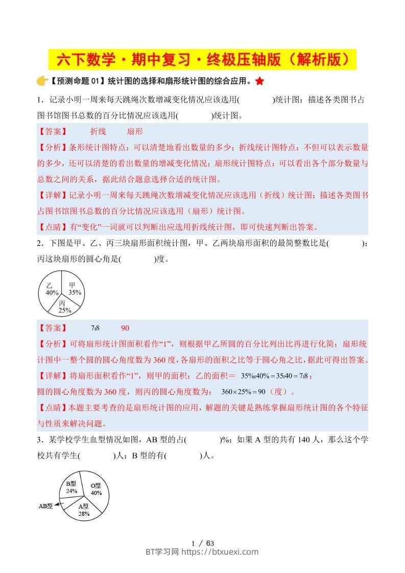 六下数学期中复习·终极压轴版（解析版）苏教版63页-BT学习网