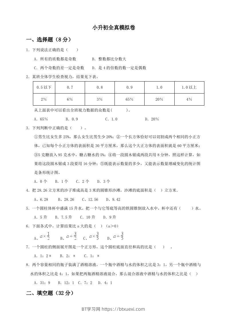 小升初数学全真模拟卷（五）人教版含答案-BT学习网