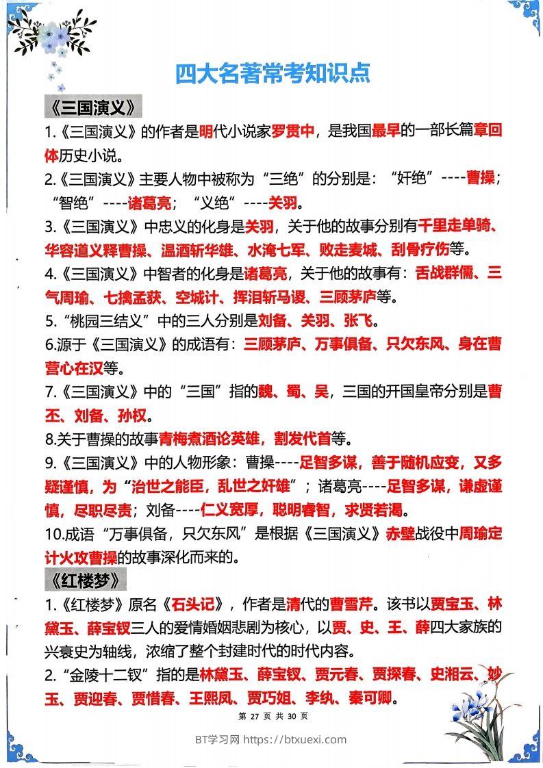 五年级下册语文四大名著常考知识点-BT学习网