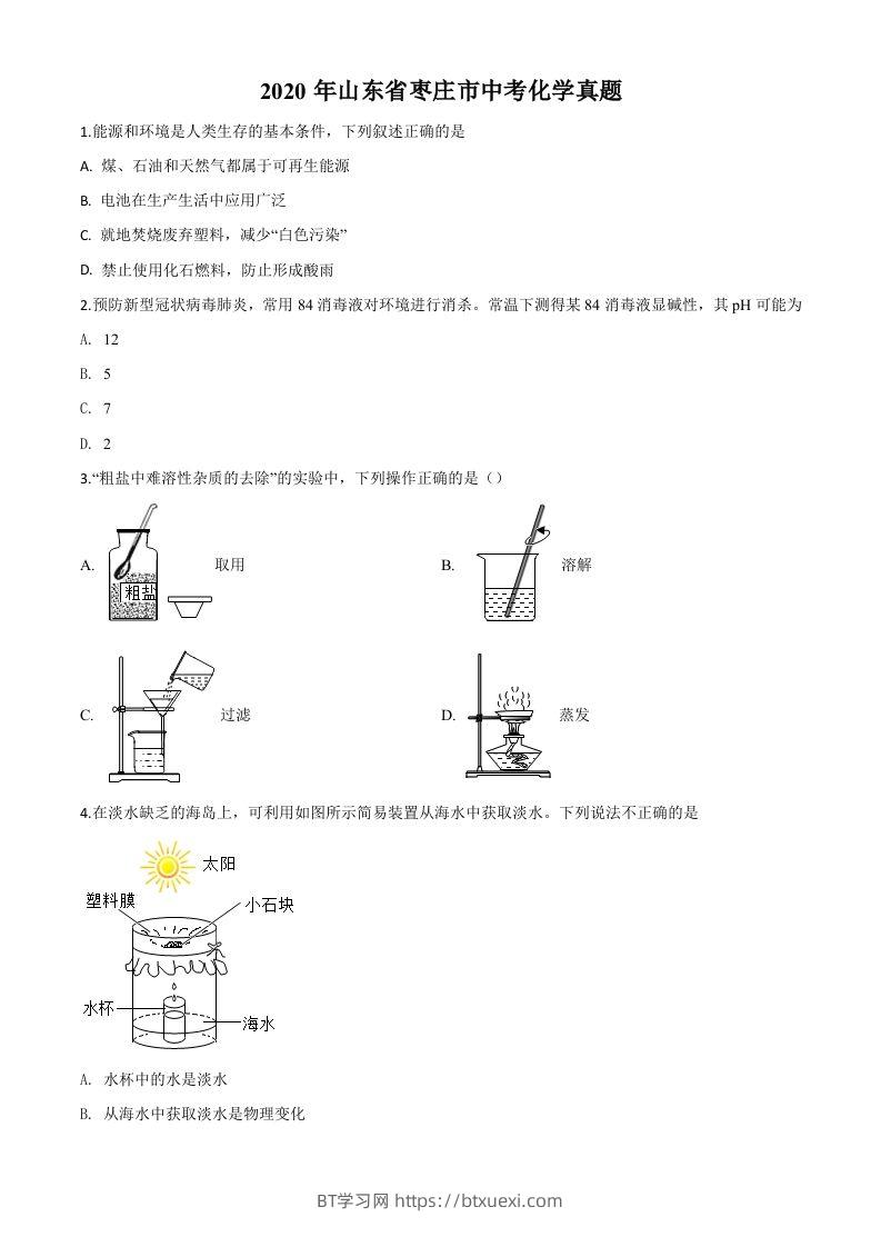 山东省枣庄市2020年中考化学试题（空白卷）-BT学习网
