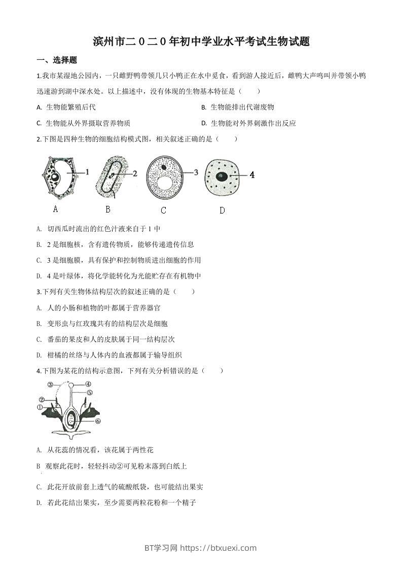山东省滨州市2020年中考生物试题（空白卷）-BT学习网