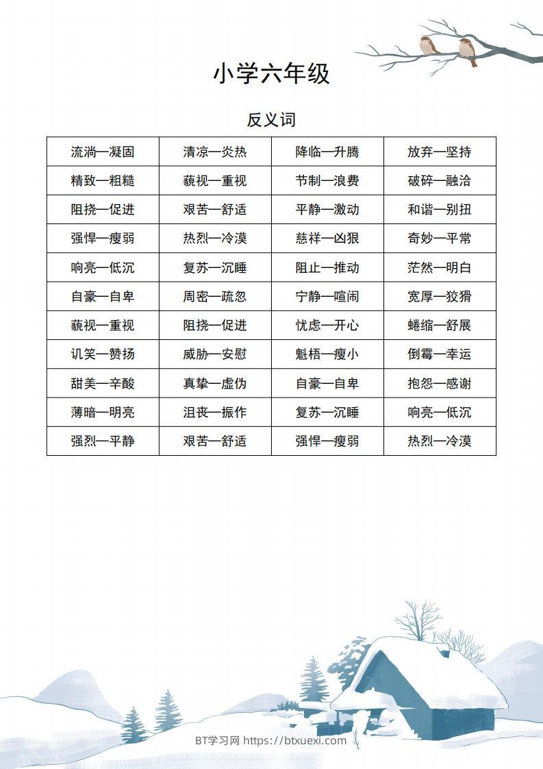 六年级语文近义词和反义词汇总-BT学习网