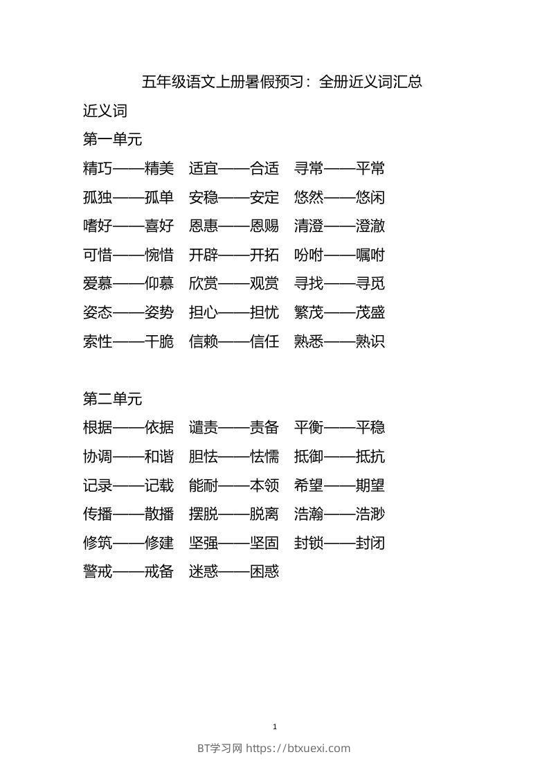 五上语文近.反义词汇总-BT学习网