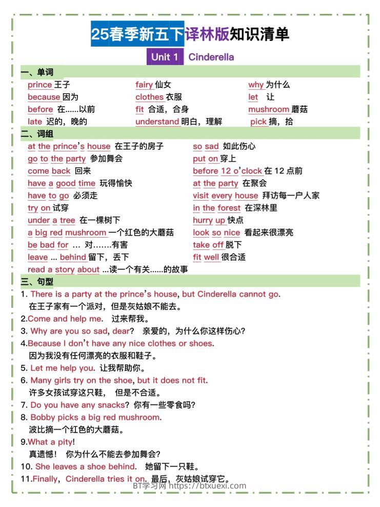五下译林英语知识清单-BT学习网