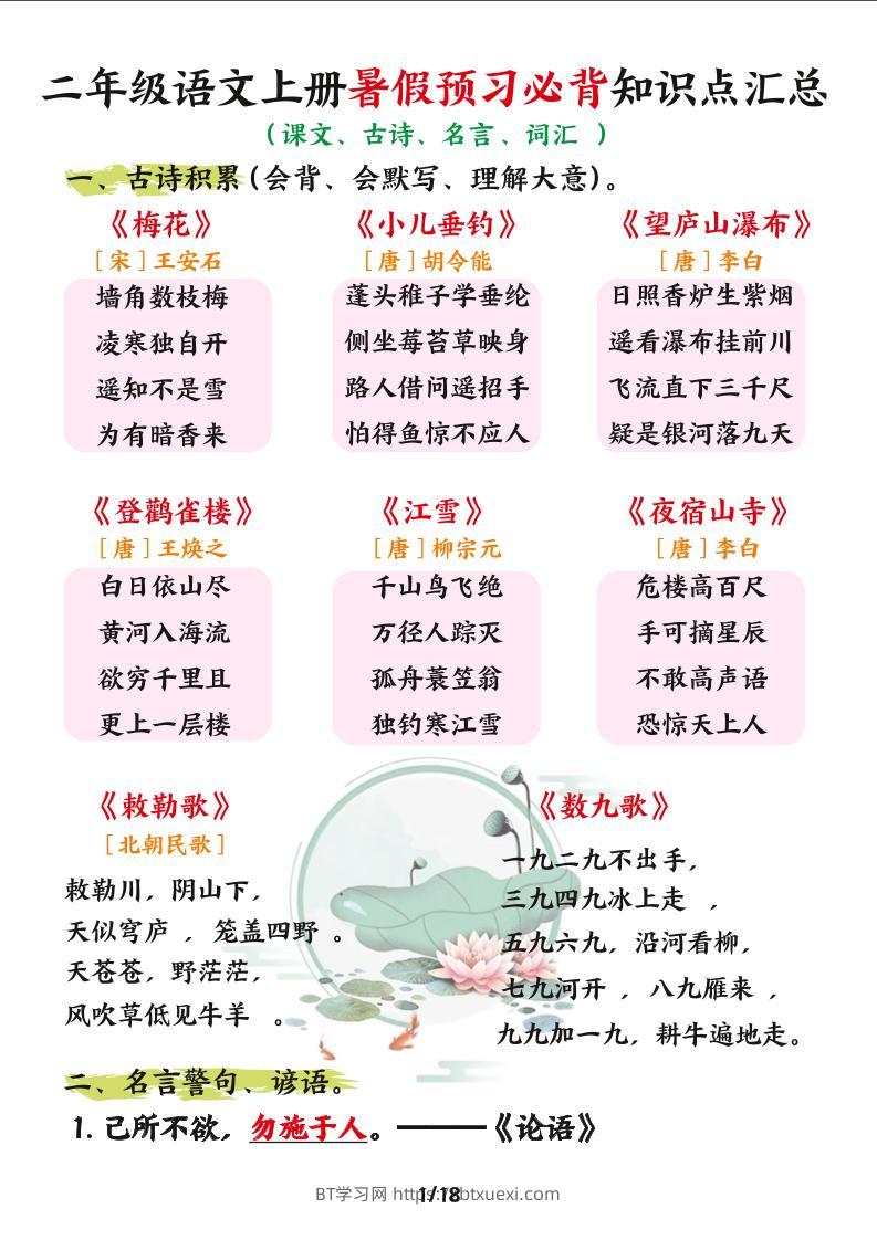 二年级语文上册暑假预习必背知识点汇总-BT学习网