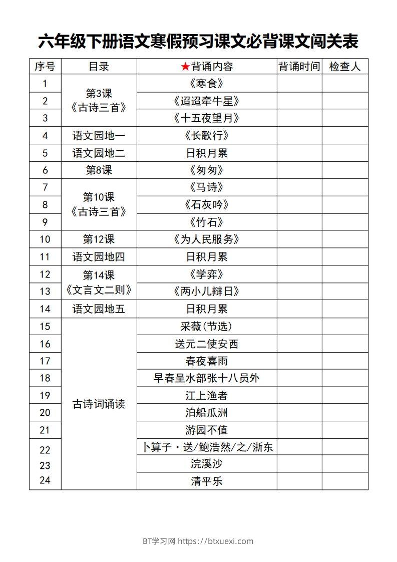 六年级【语文寒假预习】课文必背课文闯关表7页-BT学习网