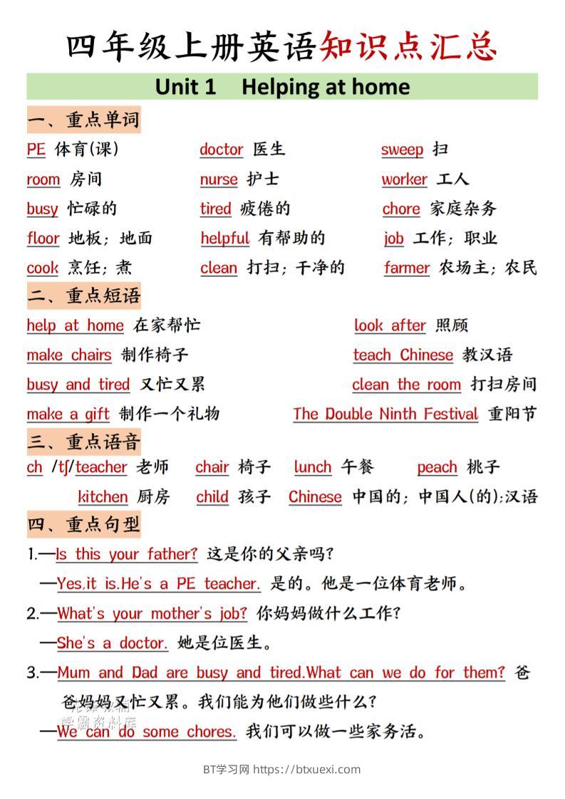 四年级上人教PEP版英语知识点汇总-BT学习网