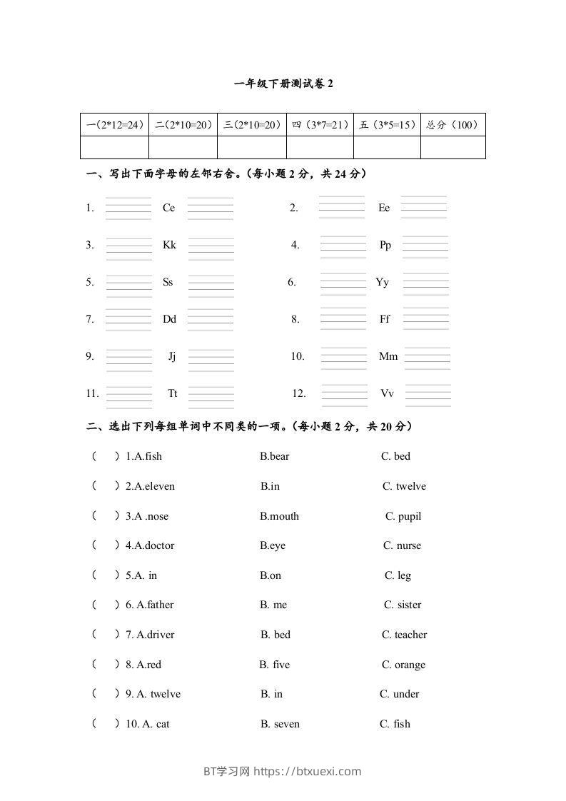 一年级英语下册期末练习(5)-BT学习网