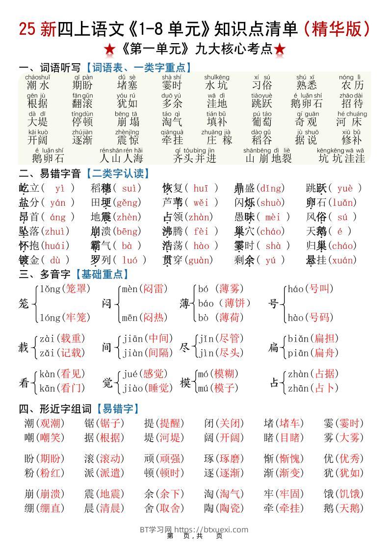 25新四上语文1-8单元知识点清单（精华版）九大核心考点23页-BT学习网