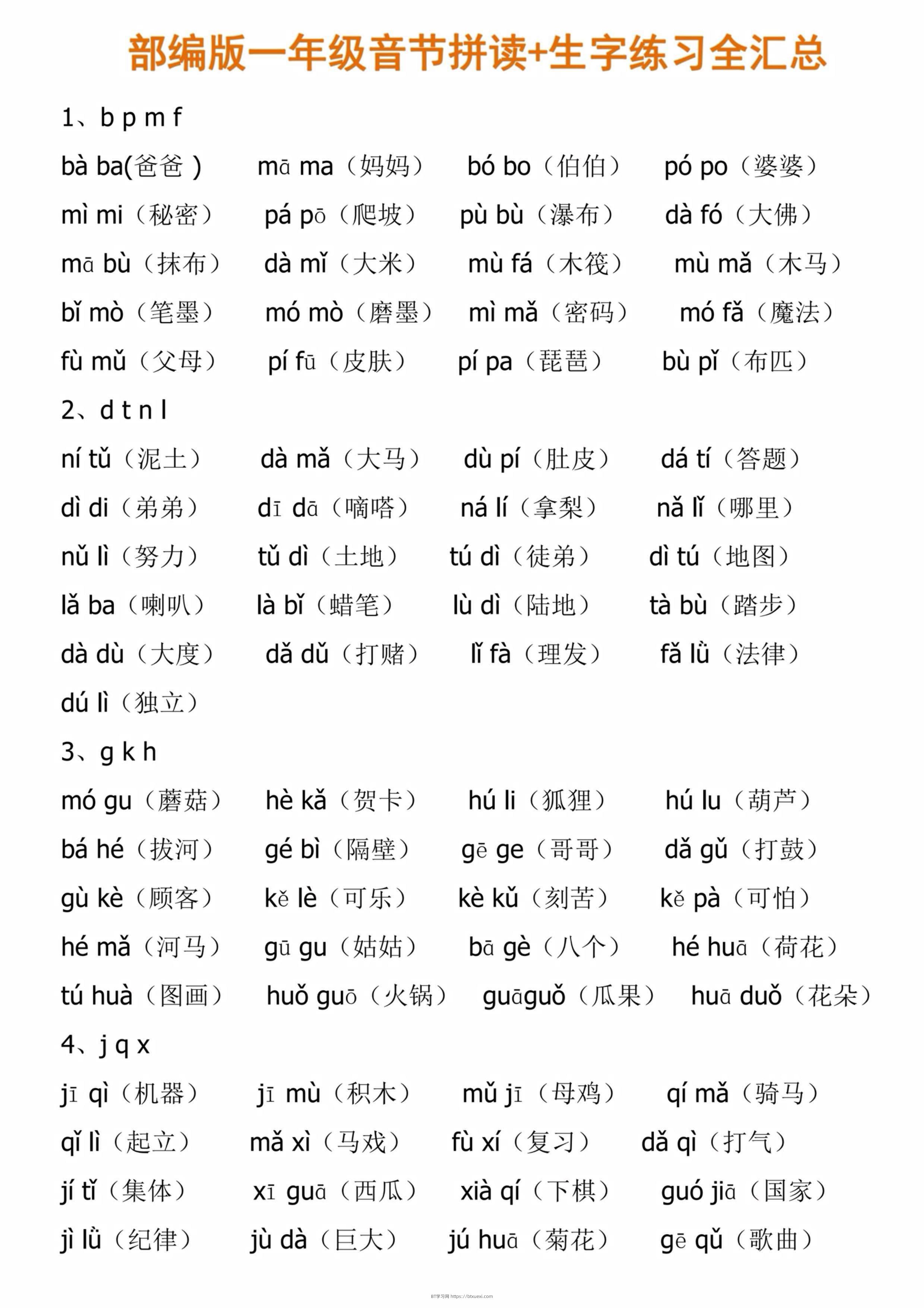 一年级上语文音节拼读和练习汇总-BT学习网