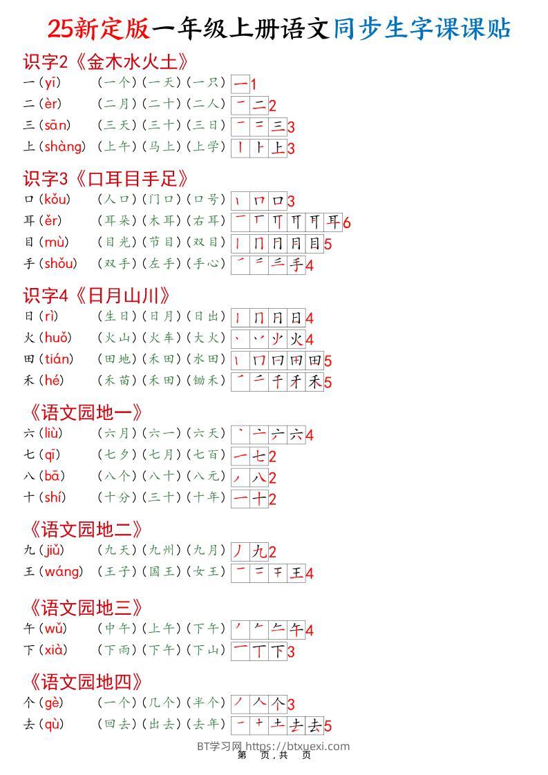 一年级上语文25最新版同步生字课课贴-BT学习网